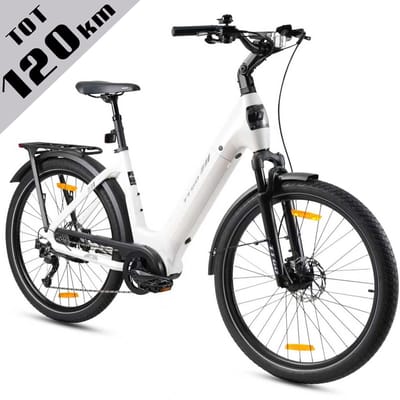 TTGO Elektrische Fiets - Stadsfiets 27.5 Inch - Middenmotor - 18Ah Accu tot 120 km - Shimano 9 Versnellingen - Hydraulische Schijfremmen - Wit