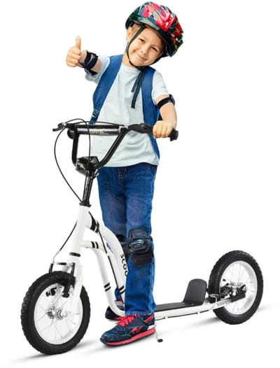 Kinderstep - Kinderstepjes met 12-inch luchtbanden en Handrem - Step - Stadsstep - Stuurhoogte: 85-95 cm - Speelgoed Jongens/Meisjes vanaf 5 jaar - Tieners & Volwassenen - Draagkracht tot 100 kg - Wit