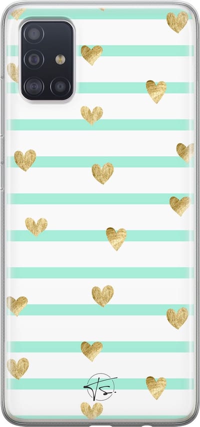 Hoesje geschikt voor Samsung Galaxy A51 - Mint hartjes - Soft Case - TPU - Print - Blauw - Mooie Telefoonhoesjes