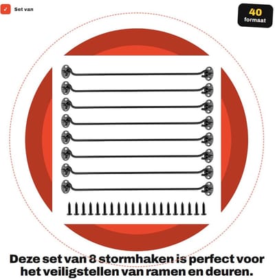 Dailygoods- Stormhaken 40 cm - 8 Stuks - Roestvrij Staal - Vintage Cabinehaken - Inclusief Montageschroeven - Duurzaam en Roestbestendig - Haak