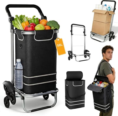 ACXIN Boodschappentrolley Opvouwbaar 3 In 1 Winkelwagen Met Koelvak Draagtas Steekwagen 56L Grote Inhoud - Zwart - 3 Wielen