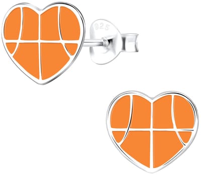 Joy|S - Zilveren hartje oorbellen - basketbal - oranje - 9 mm