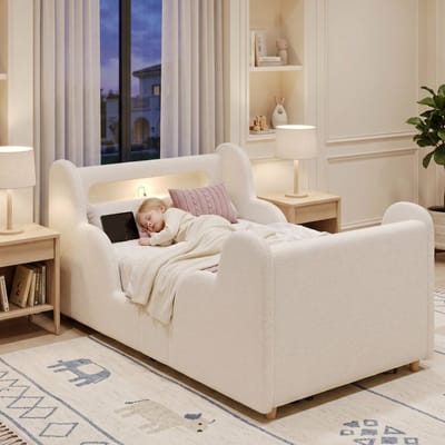 Welltin Peuterbed 90x200 cm - Kinderbed 90x200 cm - Gestoffeerd bed - Peuterbed - Eenpersoonsbed - Gestoffeerd hoofdbord - Met bedframe - LED - USB - Flueel beige