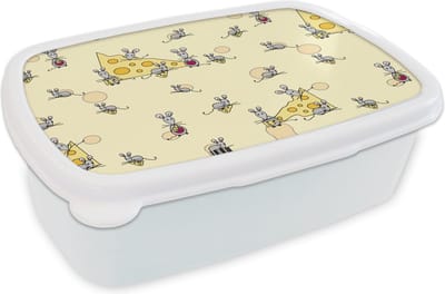 Broodtrommel Wit - Lunchbox - Brooddoos - Kaas - Dieren - Patronen - Muizen - 18x12x6 cm - Volwassenen