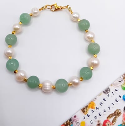 Jeannette-Creatief® - Natuursteen - Aventurijn & Zoetwaterparels - Natuursteen Armband - Parelarmband - Armband met Zoetwaterparels - Aventurijn - Armband met Aventurijn - Zoetwaterparels - Damesarmband - Valentijn - Moederdag