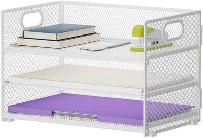 Bureau Organizer, 3 Lagen Handgreep Brievenbakje,Bureau-Opbergvak,Mesh Bureau-Accessoires,Tijdschriftenhouder Voor Huis Kantoor (Wit)