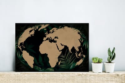 Aluminium schilderij 30x20 cm - Wanddecoratie metaal - Wereldkaart - Wereldbol - Planten - Metalen muurdecoratie woonkamer - Decoratie industrieel - Foto op dibond - Industriële accessoires slaapkamer
