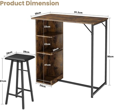 Trexxo - Bartafel - Bartafel met stoelen - eettafelmeubilair - 3-delige bartafel - Bartafel met opbergplanken - Ruimtebesparend ontwerp - 2 personen