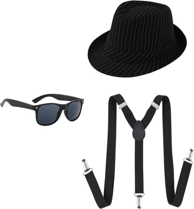 Gangster Kostuum voor Volwassenen met 3 Stukken: 20s Accessoires, Zwart Gestreepte Hoed, Bretels en Zonnebril voor een Mafia Gatsby Look in de Jaren '20