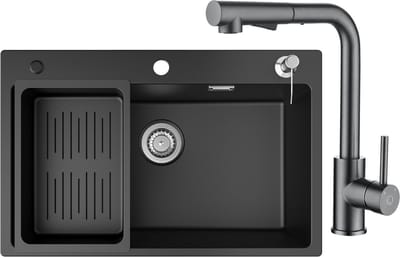 CECIPA max Spoelbak Keuken 70x45cm - Spoelbak Keuken Met Keukenkraan Met Uittrekbare Uitloop en Zeepdispenser - Multifunctionele Spoelbak - gootsteen - Spoelbakken met Afdruip - Antraciet