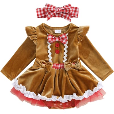 Kerstoutfit Baby Meisje Peperkoekman Romper Jurk met Lange Mouwen Strik Hoofdband 2-delige Set 0-3M beige