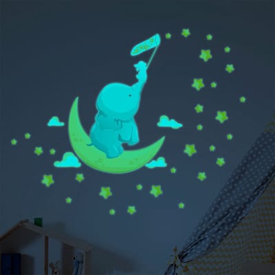 Lichtgevende sticker - Olifant en konijn die de sterren vangen + 110 sterren - Muur-/plafondsticker voor kinderen - 160x120cm