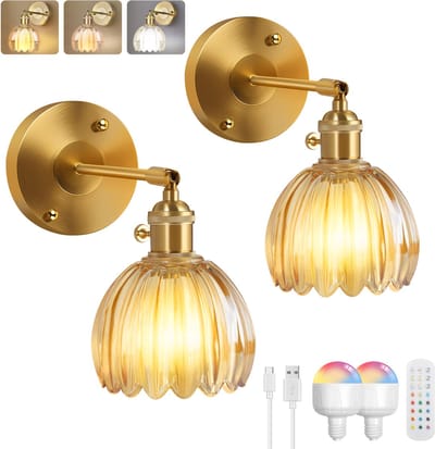 Rosnek Vintage Wandlampen Goud - Draadloos & Oplaadbaar - Dimbaar - Amber Glas Tulp Model - Met Afstandsbediening & RGB - Sfeerverlichting voor Slaapkamer (2 Stuks)