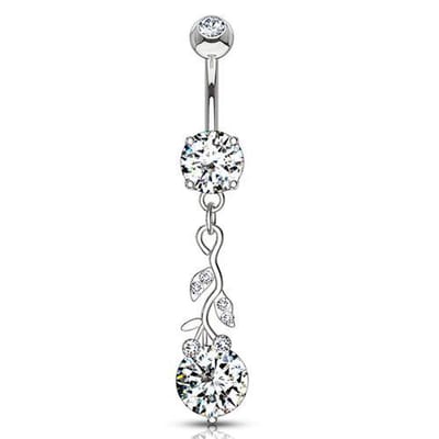 Navelpiercing glimmend blad met grote CZ steen - zilver - LMPiercings
