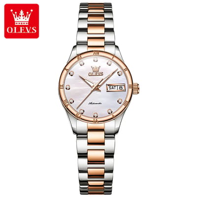 HO-7030L.rsg : OLEVS mechanisch zilver-rosegoudkl edelstaal dames horloge, parelmoerige wijzerplaat, kalenderdag, dagnaam, diamantzirkonia