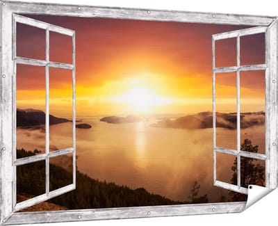 Gards Tuinposter Doorkijk Zonsondergang in de Bergen met Wolken - 180x120 cm - Tuindoek - Tuindecoratie - Wanddecoratie buiten - Tuinschilderij