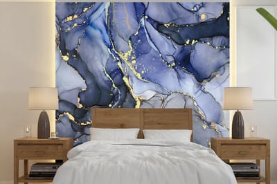 Behang - Fotobehang Marmer - Goud - Abstract - Blauw - Breedte 220 cm x hoogte 220 cm