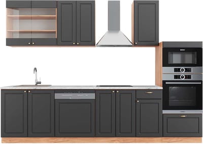 Vicco Fame-Line Complete keukeneenheid – 300 cm met hoge kast, WB Marmer Antraciet Landhuis/Goud Kraft Eik