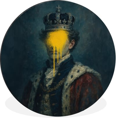 WallCircle - Wandcirkel - Muurcirkel - Koning - Portret - Druipende gele verf - Aluminium - Dibond - 30x30 cm - Binnen en Buiten