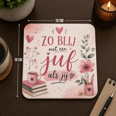 Zo Blij Met Een Juf Als Jij Onderzetter 10x10 cm – Roze Juffencadeau – MDF Onderzetter met Bloemen Design