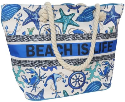 Gerimport strandtas - Beach is life - Maritiem - blauw - touw handvat - 19 x 51 x 34 cm