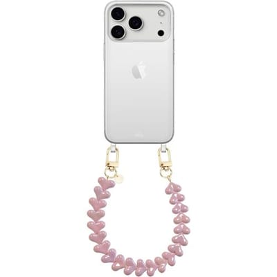 xoxo Wildhearts siliconen hoesje geschikt voor iPhone 17 Pro hoesje - Funky Hearts - Telefoonhoesje - Hoesje met koord - Metallic Roze koord - kort telefoonkoord - Hartjes ketting - Transparant hoesje