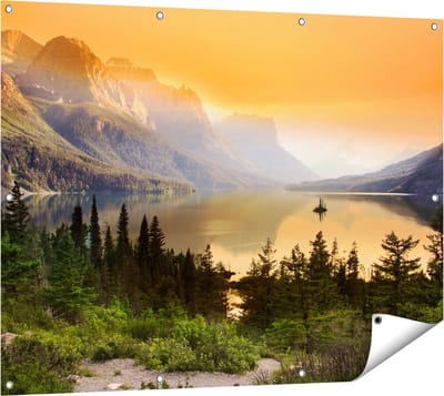 Gards Tuinposter Bergen met een Meer in Nationaal Park Glacier - 120x90 cm - Tuindoek - Tuindecoratie - Wanddecoratie buiten - Tuinschilderij
