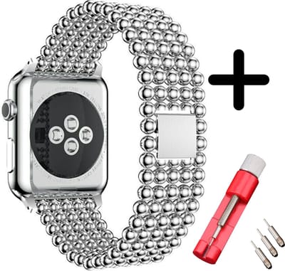 Strap-it Stalen Parel schakel band - Geschikt voor Apple Watch bandje - Series 1/2/3/4/5/6/7/8/9/10/11/SE/SE2/SE3 - Zilver - RVS band met parel patroon - maat: 38 / 40 / 41 / 42mm - Met inkorter toolkit