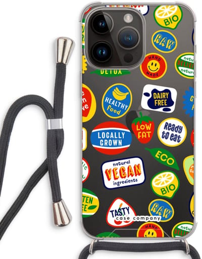 Case Company® - Hoesje met koord geschikt voor iPhone 14 Pro Max hoesje met Koord - Fruitsticker - Telefoonhoesje met Zwart Koord - Bescherming aan alle Kanten en Over de Schermrand