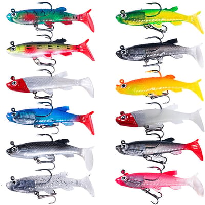 Kunstaas set - 12 Stuks - pluggen met haak - Kunstaas - Jerkbaits - Crankbaits - Rubberen vis - Visaas - Zacht Kunstaas - Alle type roofvis - Visaas Zeevissen Set - Rubberen Vissen Met Jigkop - Voor snoek, baars, snoekbaars, vissen