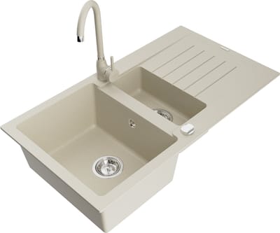 Mexen Matias 1,5-komorige granieten spoelbak met afdruiprek en keukenkraan Telma, beige - 6502-69-670200-69