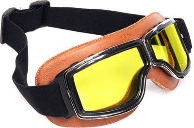 KIMU® Goggles Motorbril Skibril - Bril Bruin Montuur - Gele Glazen - Pilotenbril Vintage Retro Motor Steampunk Leatherlook Leer Geel Bruine Heren Festival