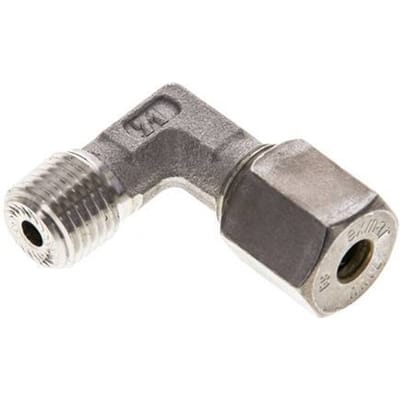 1/4'' NPT Buitendraad x 6S RVS L-Knelfitting 90 graden 630 Bar DIN 2353 - FL2E-MO-ST-014N-06-S