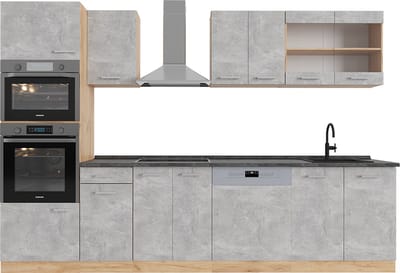 Vicco R-Line Complete keukeneenheid – 300 cm met hoge kast, WB Antraciet Beton/gouden eik