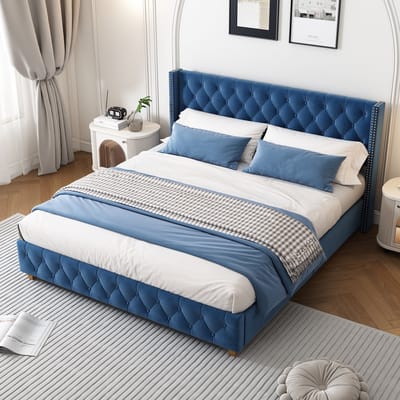 Sweiko Gestoffeerd bed 160x200cm, Met plat Noedelsframe en Hoofdeinde, Knoopkussen, klinknagels kussen, houten poot, fluweel, Blauw