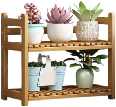 Plantenrek Hout - Bloemenstandaard Opberger - Terras Balkon - 2-laags Display - Tot 70cm Breed - Natuurlijk Hout