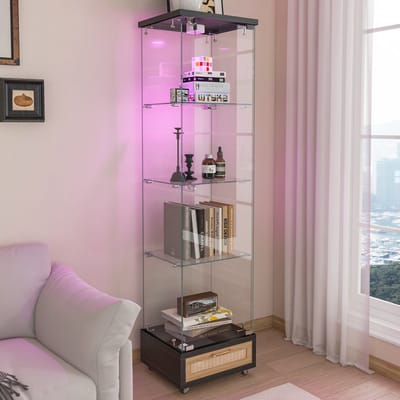 Pugsdrly Moderne vitrinekast met lades, vitrinekast met ledverlichting, boekenrek van gehard glas, kast met één deur en vier legplanken, geschikt voor woon- en slaapkamer, zwart - H167/B42,5/D36,5 cm