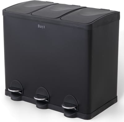 Bayt Prullenbak - Prullenbak 60 Liter - Vuilnisbak 60 liter - Pedaalemmer 60 Liter - Prullenbak 3 vakken - Prullenbak Afvalscheiding - 3 x 20 liter - RVS - Zwart