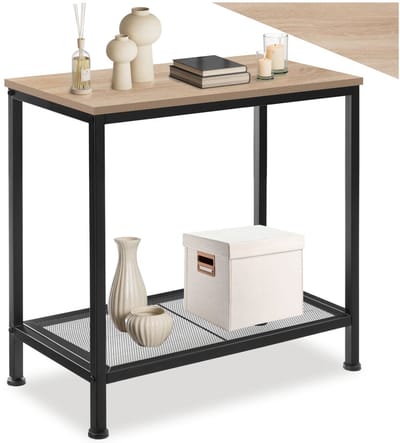 tectake® Bijzettafel van Hout en Metaal – Smalle Haltafel in Industrieel Design, Consoletafel met Roosterplank, 60x30,5x60,5 cm, Zwart Metalen Frame – Licht Sonoma Eiken