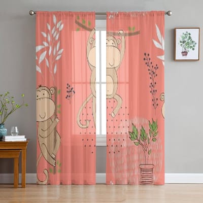 Cartoon Apen Transparante Gordijnen voor Woonkamer Transparante Tule Raamdecoratie Slaapkamer Keuken Huisdecoratie Voile Draperieën 135W x 114H(cm) pink