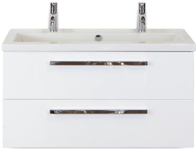 Seville Badmeubelset 100 cm - Wit Hoogglans - Wastafel Djazz 2 Kraangaten