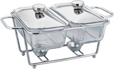Warmhoudplaat Voedsel - Buffetset Serveerschaal - Eten Warm Houden - Met Deksel - Two Grids - Zilver