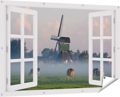 Gards Tuinposter Doorkijk Landschap met Koeien - 150x100 cm - Tuindoek - Tuindecoratie - Wanddecoratie buiten - Tuinschilderij