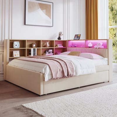 REDOM Slaapbank 140x200 cm – Beige flanel – Met uitschuifbed 90x190 cm, LED & opbergruimte