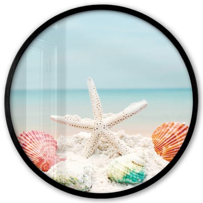Poster in lijst Rond - Fotolijst 40x40 cm - Posters - Strand - Zeester - Schelpen - Zee - Ronde posterlijst zwart - Decoratie - Wanddecoratie woonkamer - Muurdecoratie slaapkamer