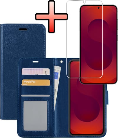 Hoesje - Met Screenprotector - Geschikt voor Samsung Galaxy S25 - Luxe Pasjeshouder - Bookcase Portemonee - Flip Case - Kunstleer Book Case - Flipcase - Book Cover - Walletcase - Portemonneehoes - Donkerblauw