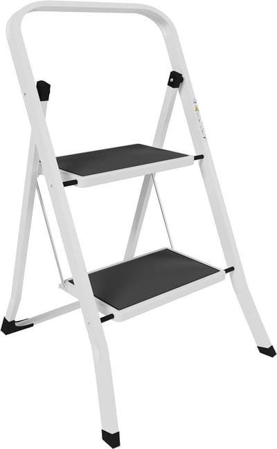 Famanu - Draagbare stalen huishoudtrap met 2 treden, stevige antislip voetjes en compact opvouwbaar ontwerp