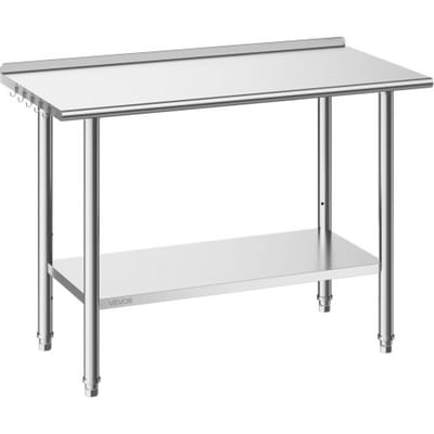 VEVOR Gasto werktafel 1219 x 610 x 894 mm, roestvrijstalen tafel met 2 niveaus, opstaande rand en in hoogte verstelbare schappen. Bovenste schap (245 kg), onderste schap (204 kg). Voorbereidingstafel voor restaurants.
