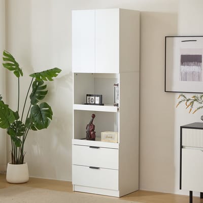 OKWISH Keukenkast – Multifunctionele Hoge Kast Voor Keuken En Woonkamer – 59,5×45×200 cm – 1 Deur, 2 Lades, 2 Open Planken – Kantelbeveiliging – Wit MDF