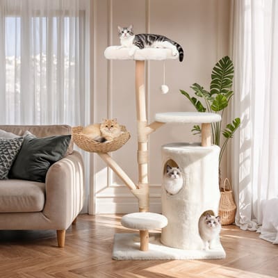 BingoPaw Krabpaal voor Katten – 136 cm Kattentoren met Echt Houten Palen – Mandje van Gevlochten Riet – Kattenhuis, Topperch & Platforms – Sisal Krabpalen – Stijlvolle Kattenboom – Geschikt ≤6 kg